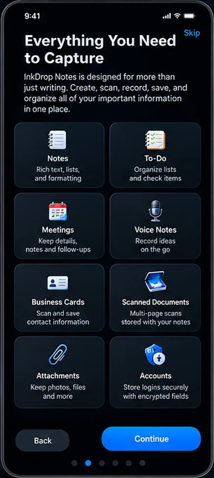 Everything you need to capture: notes, to-dos, meetings, voice notes, business cards, scanned documents, attachments and accounts